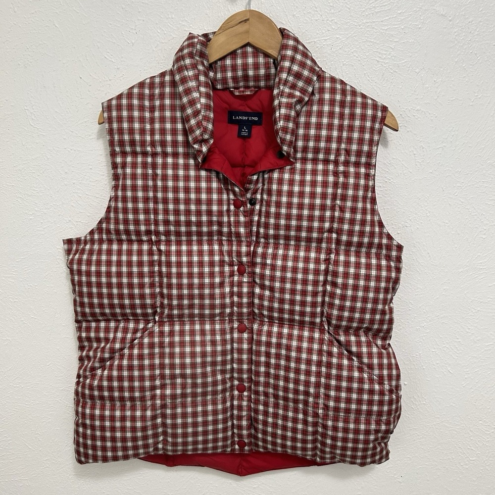 Lands' End Red Black White Tartan Plaid Down Puffer Quilted Vest Women's Size L